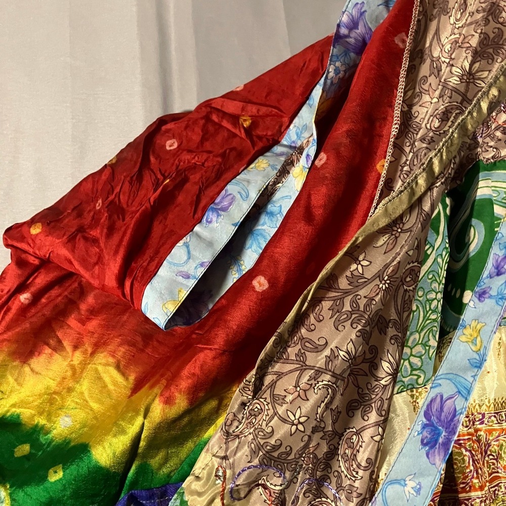 Bohemian Silk Wrap Skirt Rainbow Tie Dye Tiered Ruffled Made in Nepal - Picture 9 of 14